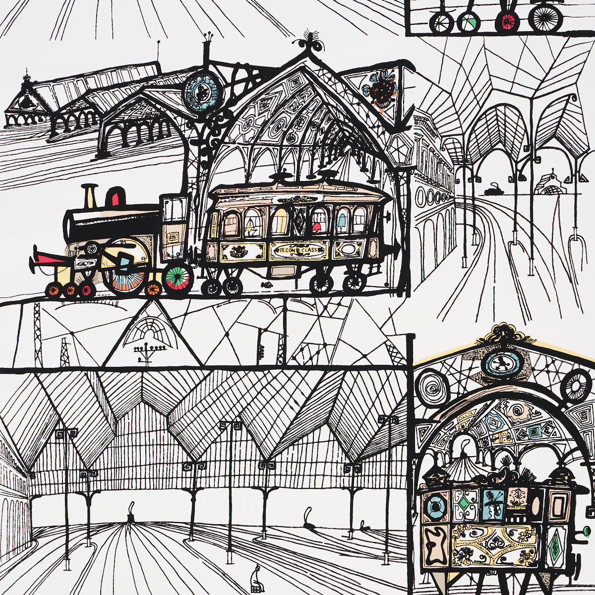 Trains fabric in multi on white color - pattern number 2703940 - by Schumacher in the Exuberant Prints collection
