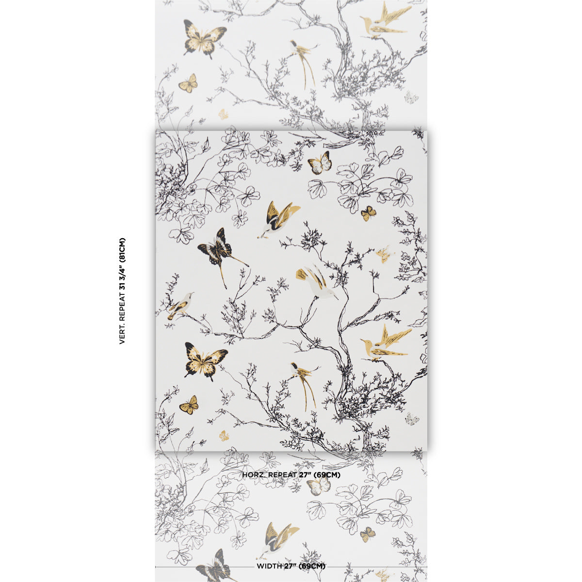 Birds and Butterflies Wallpaper in black and gold color - pattern number 2704424 - by Schumacher in the Perennial Favorites collection