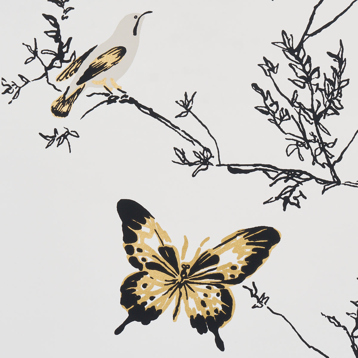 Birds and Butterflies Wallpaper in black and gold color - pattern number 2704424 - by Schumacher in the Perennial Favorites collection