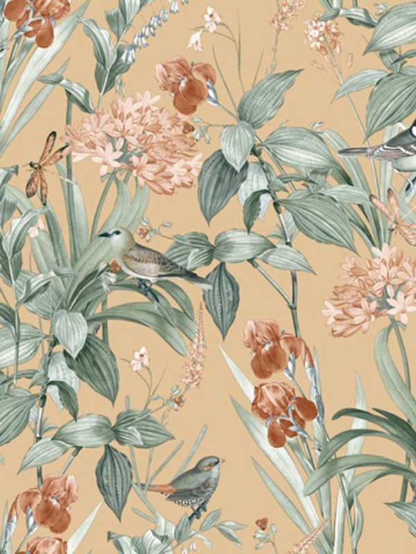 Mint Birds Dragonflies Botanical wallpaper in ocher color - pattern number VRBT02-746 - by Veer Decor in the Botanique collection