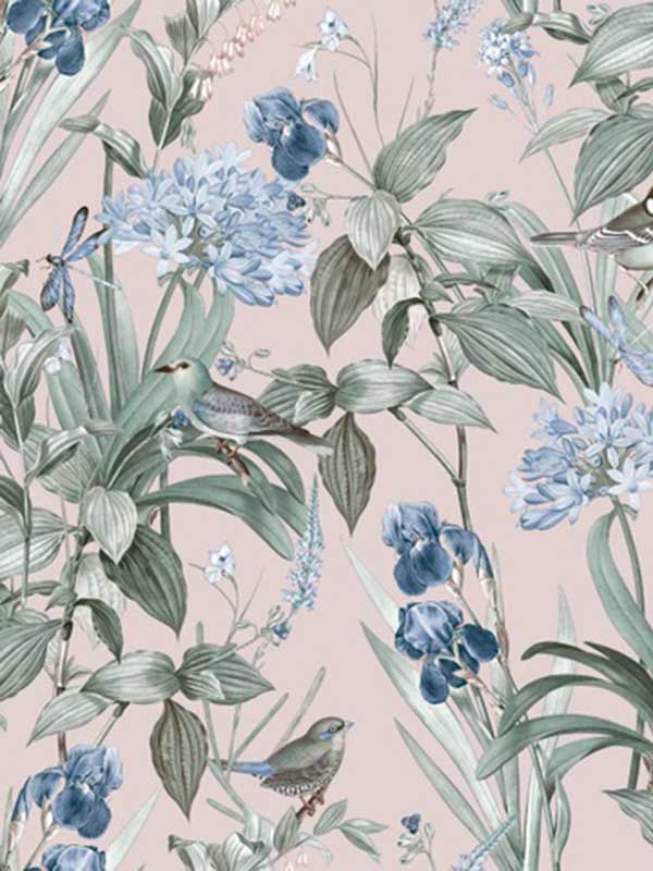Mint Birds Dragonflies Botanical wallpaper in pink color - pattern number VRBT03-746 - by Veer Decor in the Botanique collection