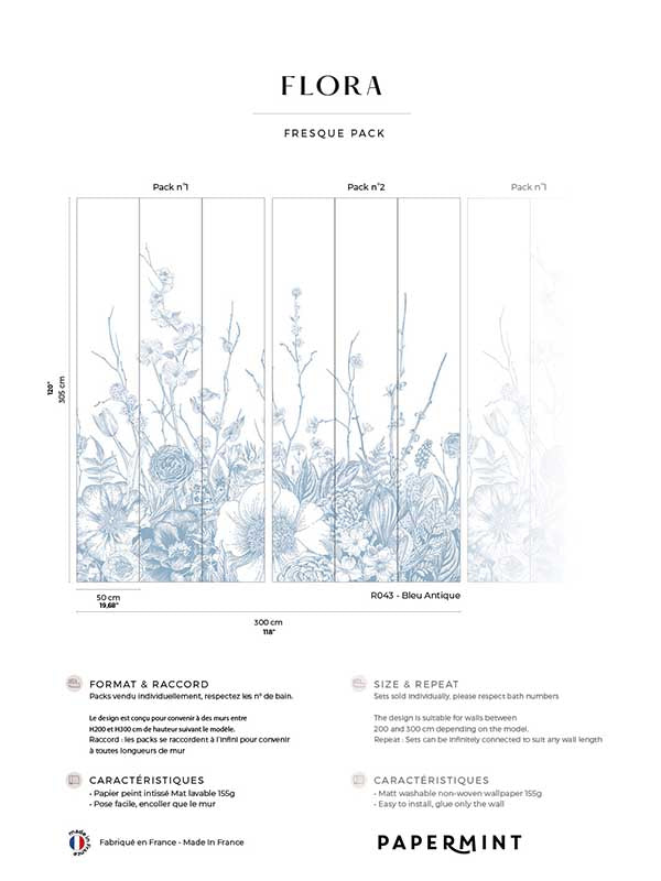 Flora Pack 1 2 fabric in blue color - pattern number 8184-BDL-BC3 - by Veer Decor in the Papermint Wall Murals collection