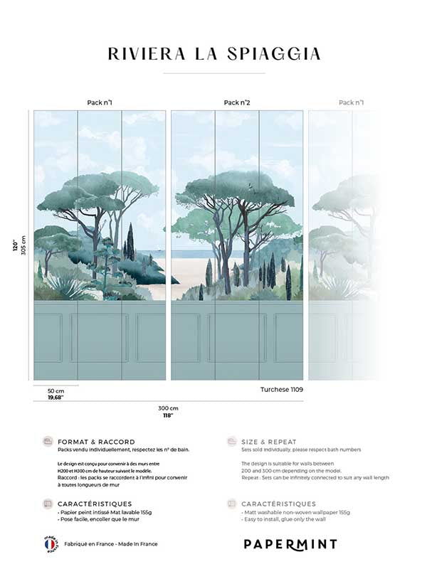 Riviera Beach Chair Rail FX Wainscot Pack 1 2 mural in blue color - pattern number 8184-BDL-CS2 - by Veer Decor in the Papermint Wall Murals collection