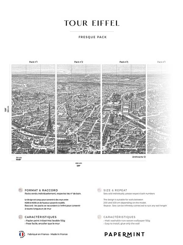 Eiffel Tower Pack 1 2 3 mural in gray color - pattern number 8184-BDL-DF - by Veer Decor in the Papermint Wall Murals collection