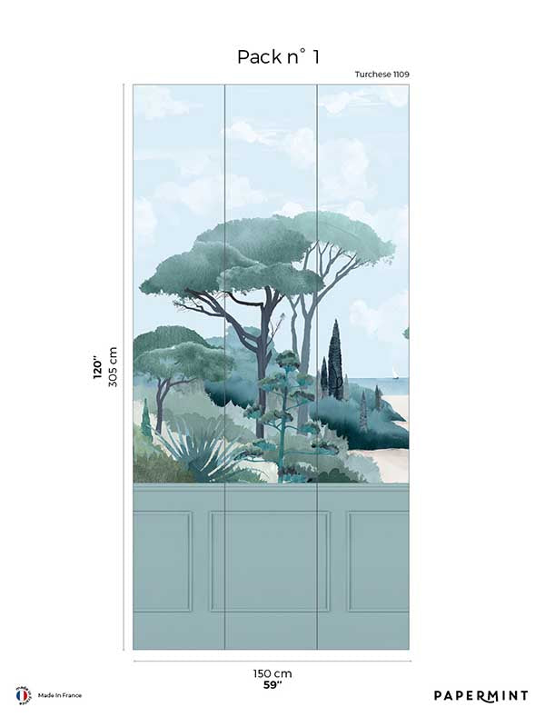 Riviera Beach Chair Rail Faux Wainscot Pack 1 mural in blue color - pattern number 8184-CS2-A - by Veer Decor in the Papermint Wall Murals collection