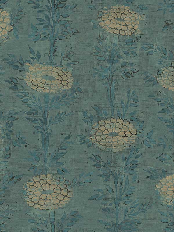 French Marigold fabric in teal green and gold color - pattern number AF6519 - by Ronald Redding in the Tea Garden Second Edition collection