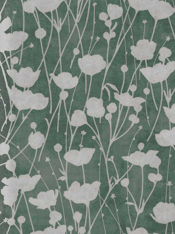 Shimmering Poppies wallpaper in green and silver color - pattern number ZA8068 - by Ronald Redding in the Tea Garden Second Edition collection