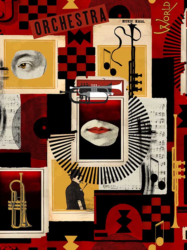 Composer Machine mural in red color - pattern number WP20871 - by Mind the Gap in the Jazz Live collection