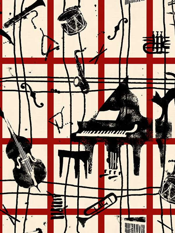 My Favourite Things mural in black red taupe color - pattern number WP20874 - by Mind the Gap in the Jazz Live collection
