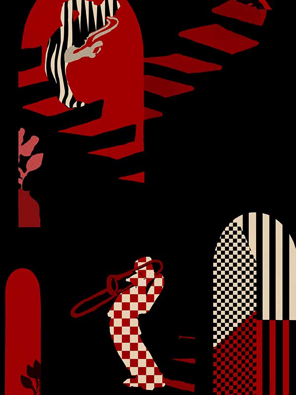 Solitude mural in red black taupe color - pattern number WP20881 - by Mind the Gap in the Jazz Live collection