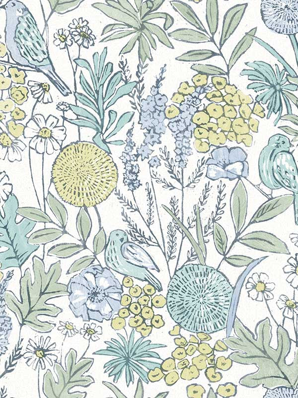 Goldfinch Birds and Blooms wallpaper in aqua color - pattern number 4148-27413 - by Chesapeake in the PrintWorks collection