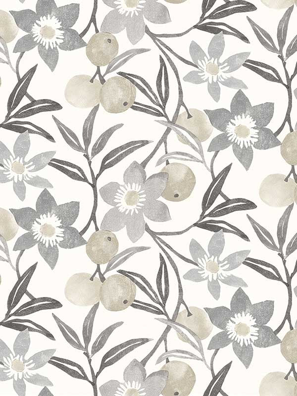 Passiflora Fruit and Floral wallpaper in charcoal color - pattern number 4148-27451 - by Chesapeake in the PrintWorks collection