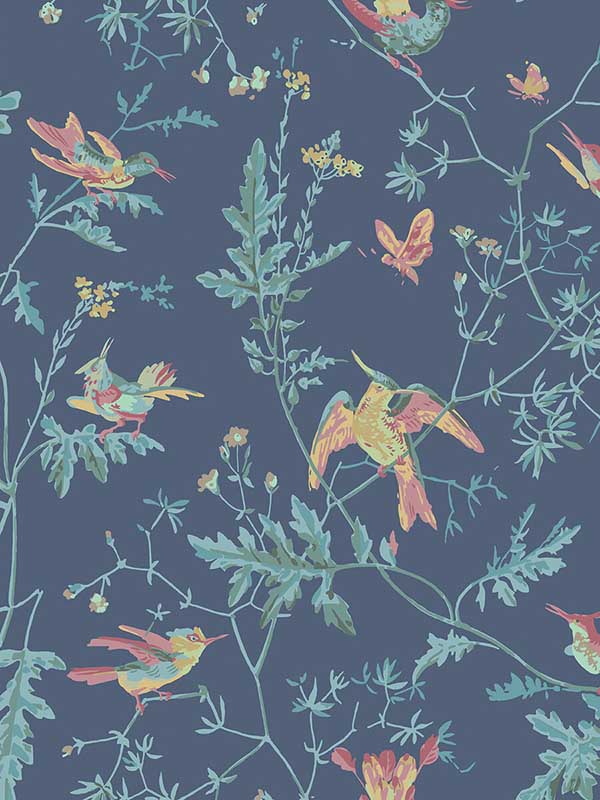 Hummingbirds fabric in indigo multi colour color - pattern number 100/14068.CS.0 - by Cole and Son in the Selection of Hummingbirds collection