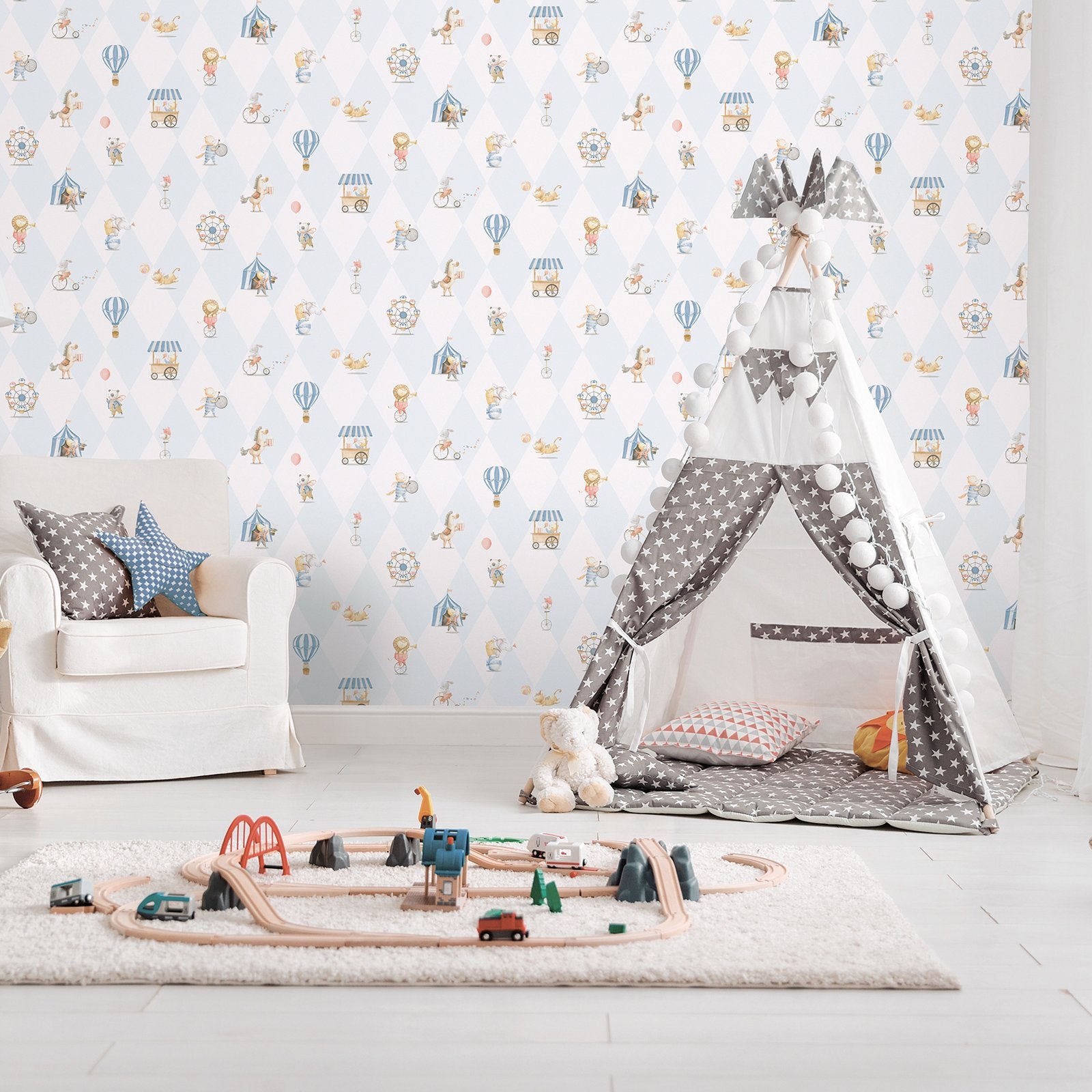 Cirque Wallpaper in Blue color - pattern number 282-2 - by Galerie in the Bambino collection