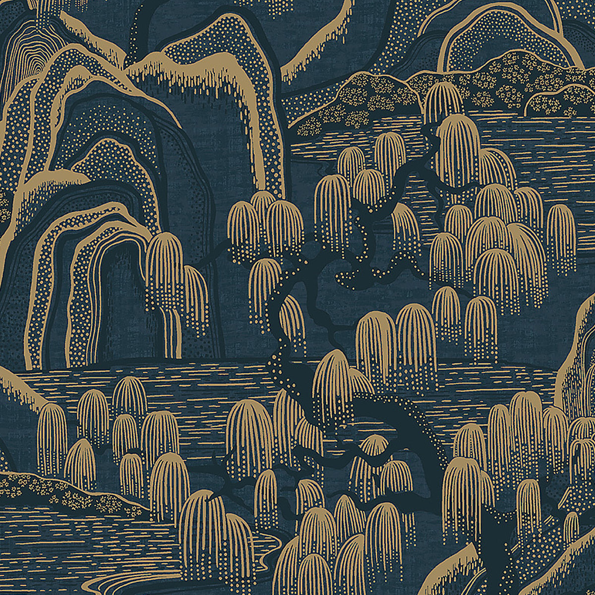 Indigo Garden wallpaper in indigo and gold color - pattern number 3132 - by Schumacher in the Borastapeter collection