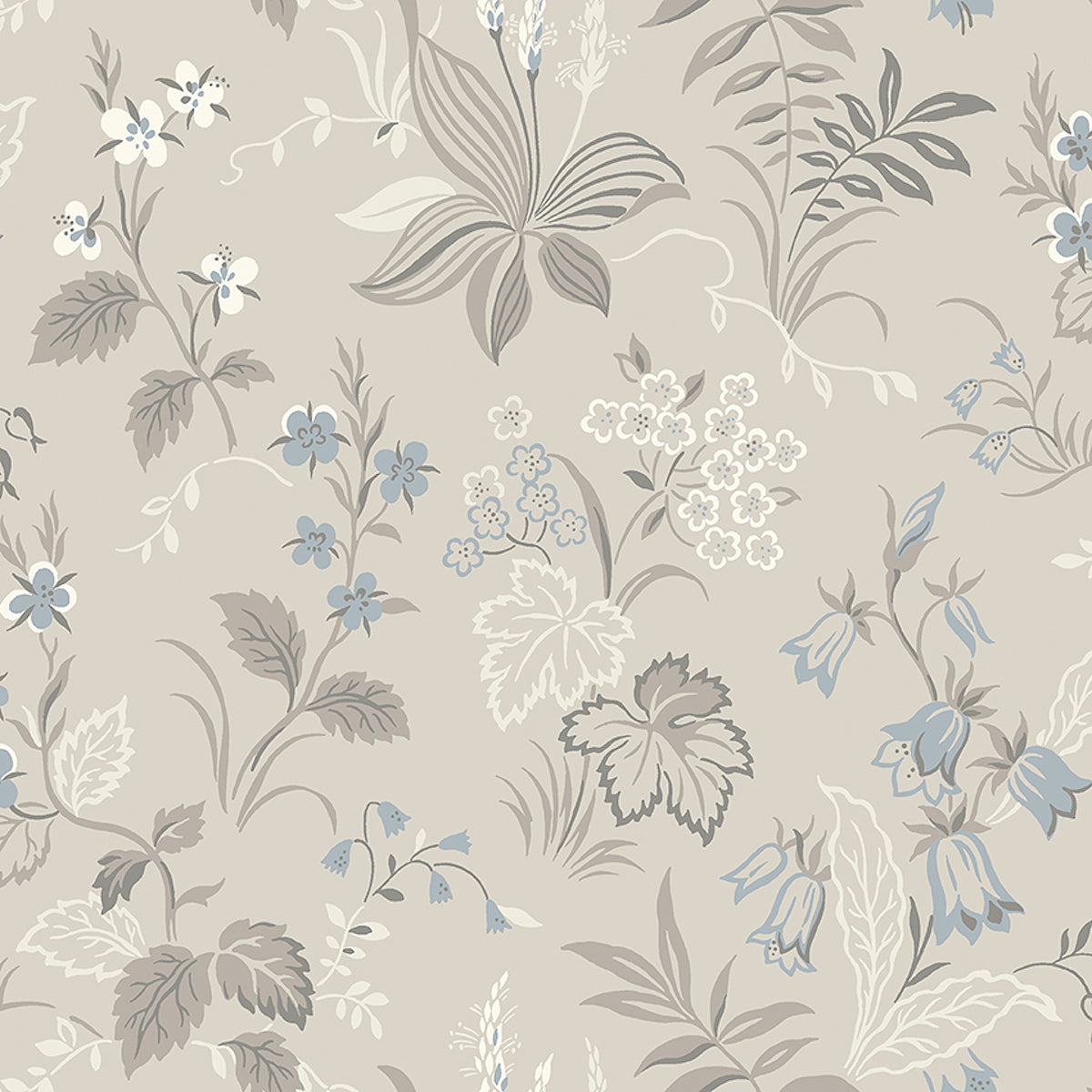 Folklore wallpaper in dove and blue color - pattern number 3263 - by Schumacher in the Borastapeter collection