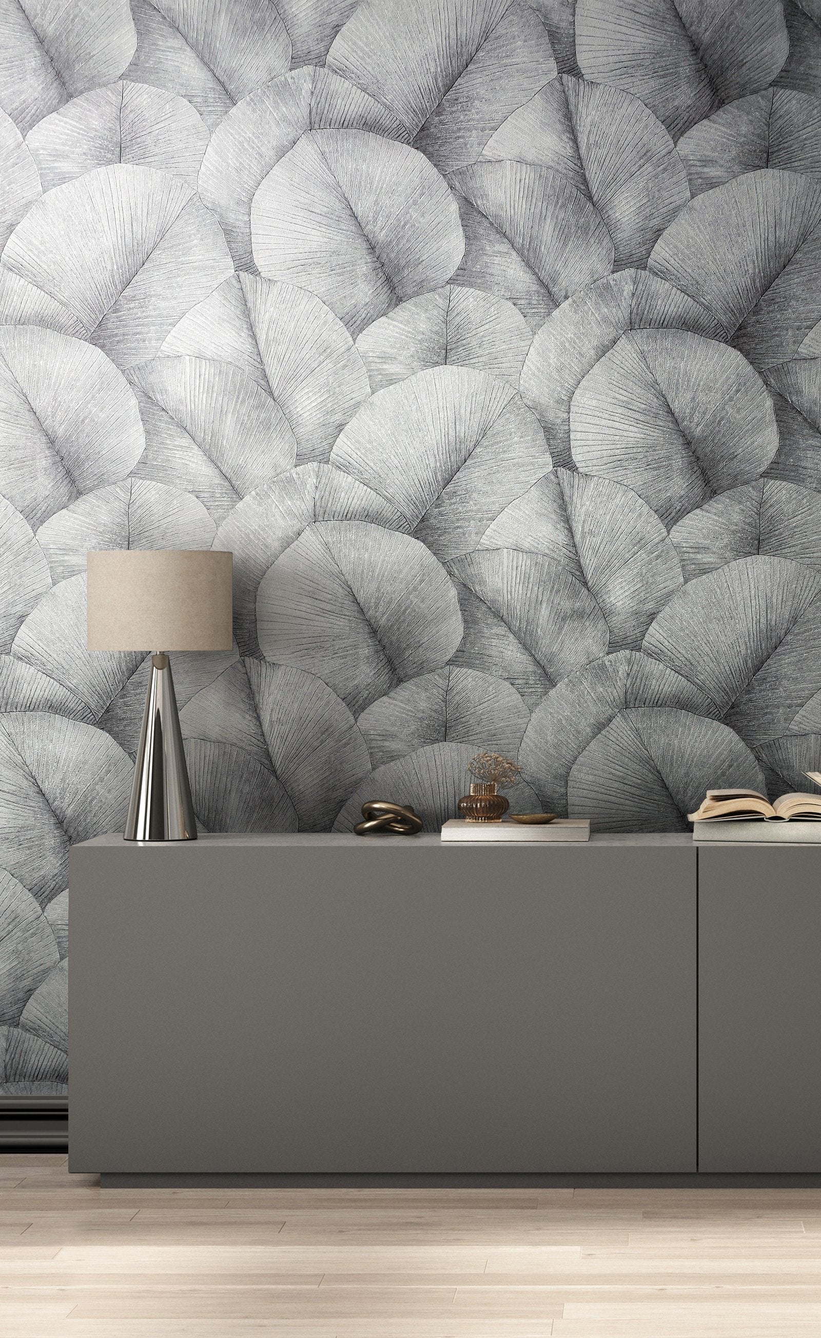 Palm Leaf wallpaper in silver grey color - pattern number 34508 - by Galerie in the Kumano collection
