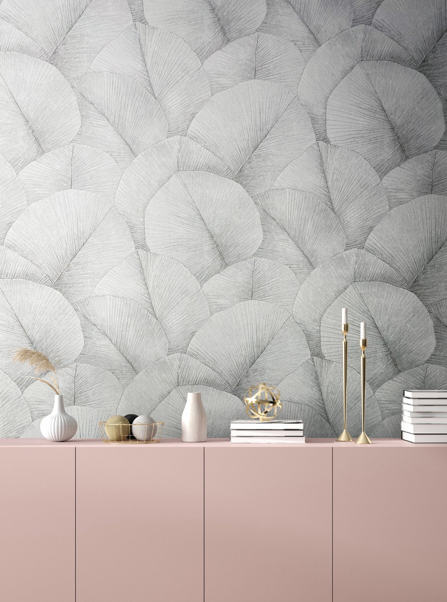 Palm Leaf wallpaper in silver grey color - pattern number 34509 - by Galerie in the Kumano collection
