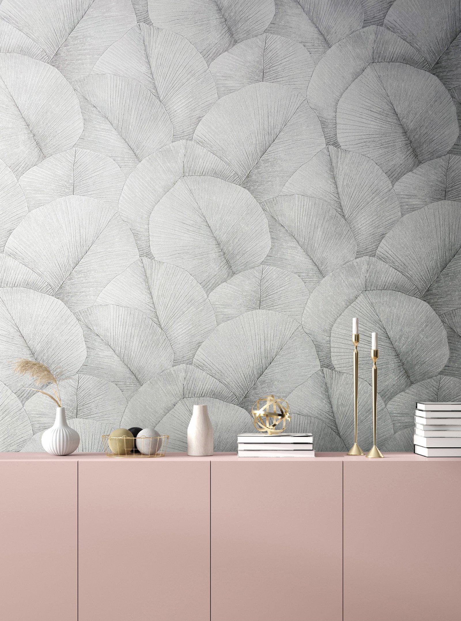 Palm Leaf wallpaper in silver grey color - pattern number 34509 - by Galerie in the Kumano collection