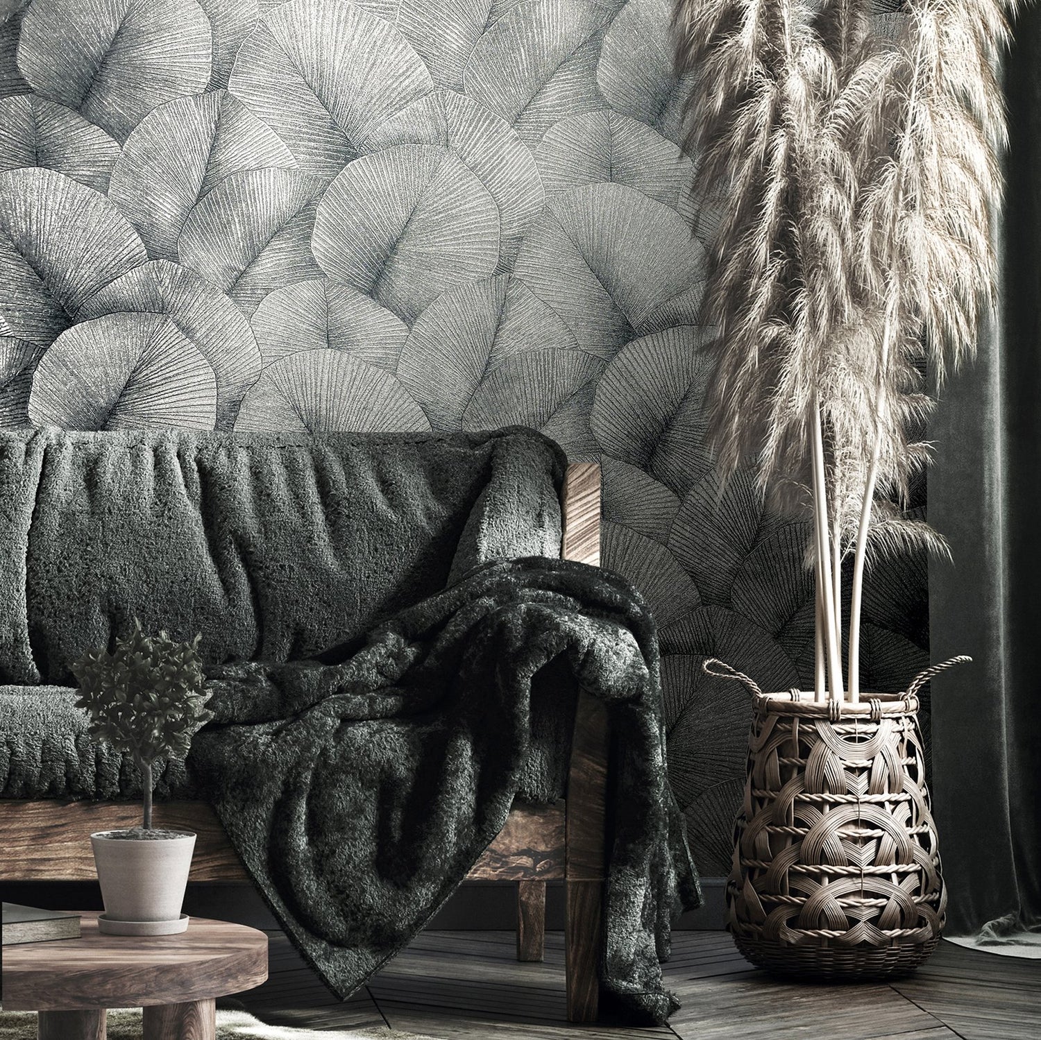 Palm Leaf wallpaper in silver grey color - pattern number 34514 - by Galerie in the Kumano collection
