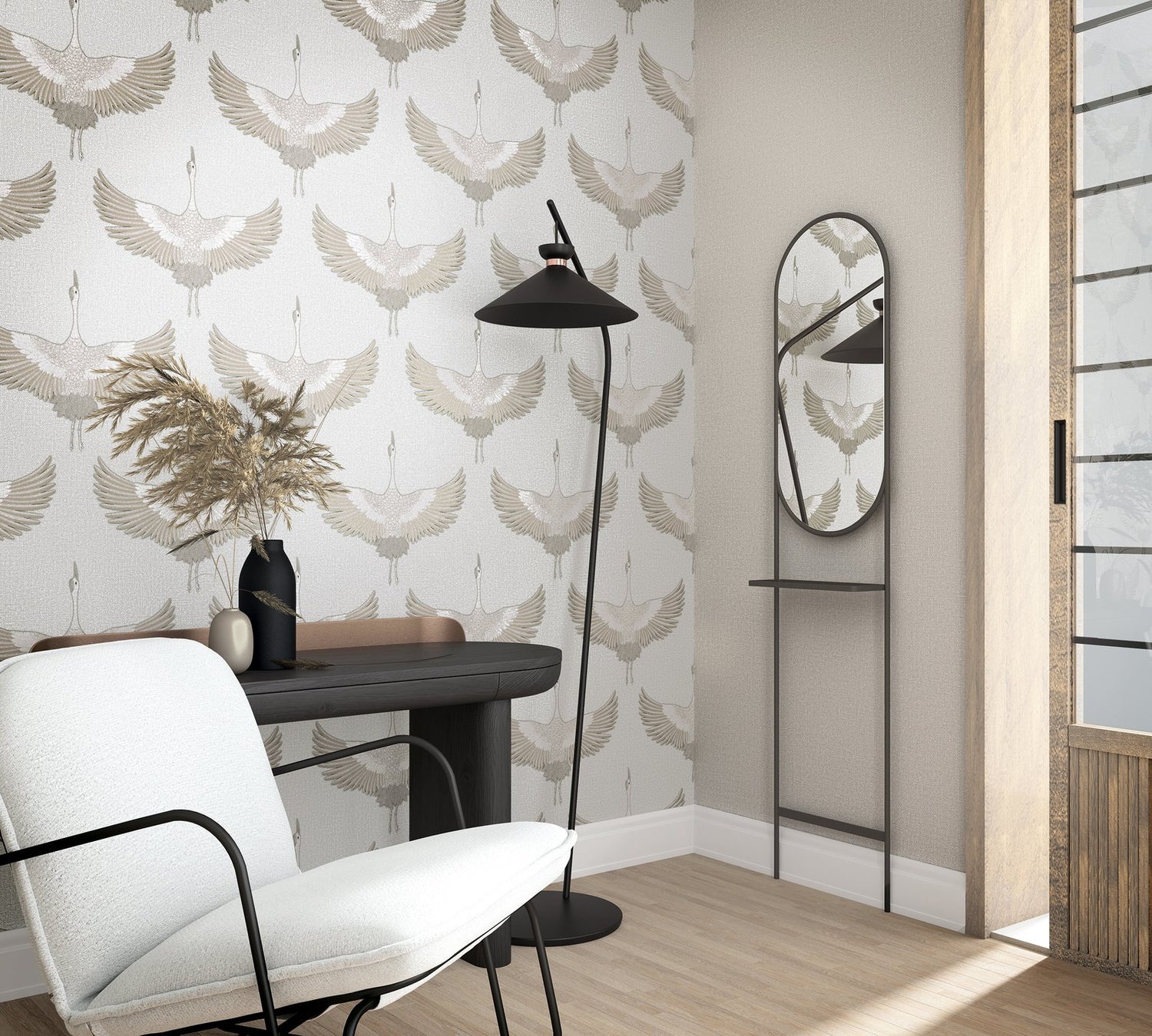 Stork wallpaper in beige color - pattern number 34529 - by Galerie in the Kumano collection