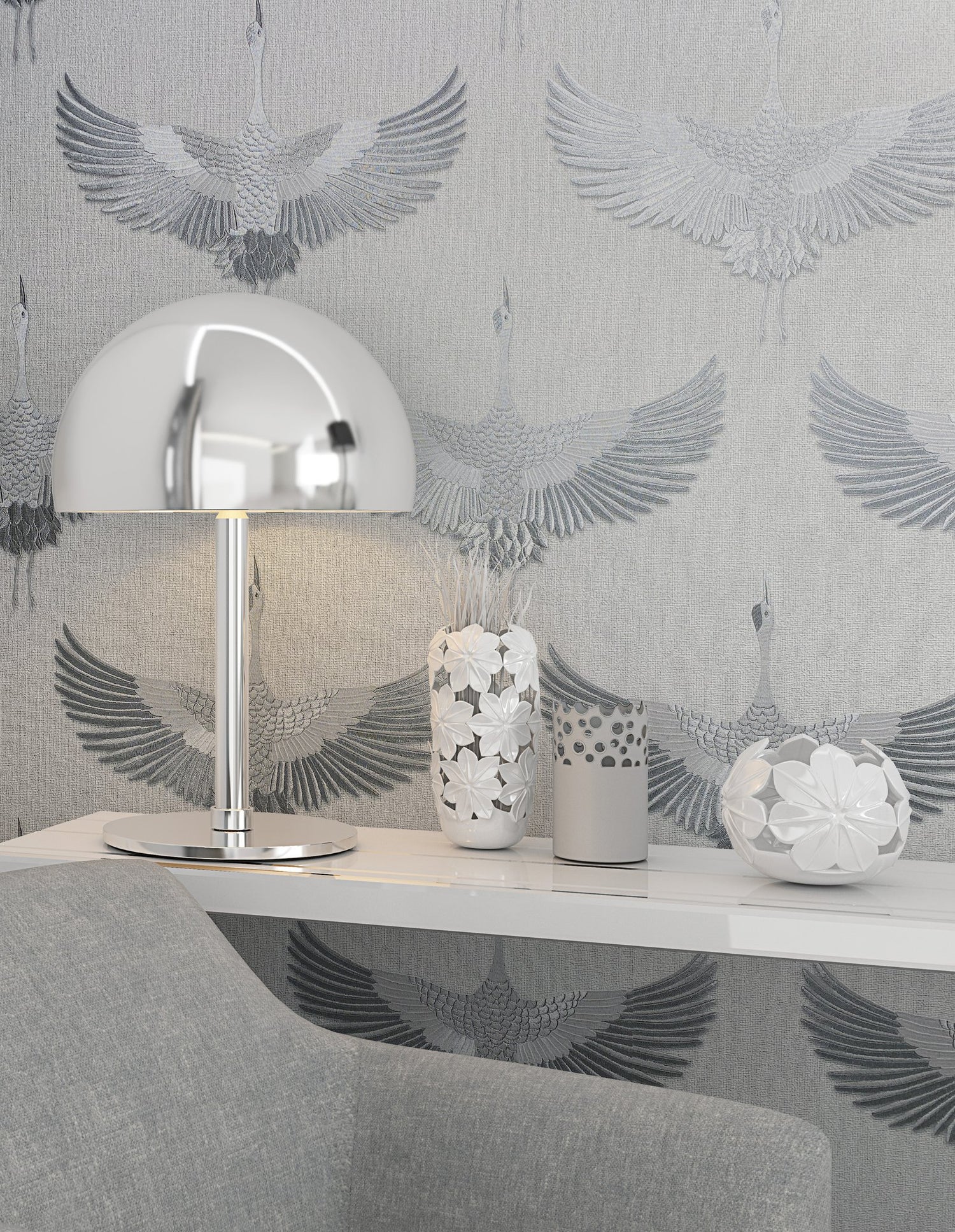 Stork wallpaper in silver grey color - pattern number 34530 - by Galerie in the Kumano collection