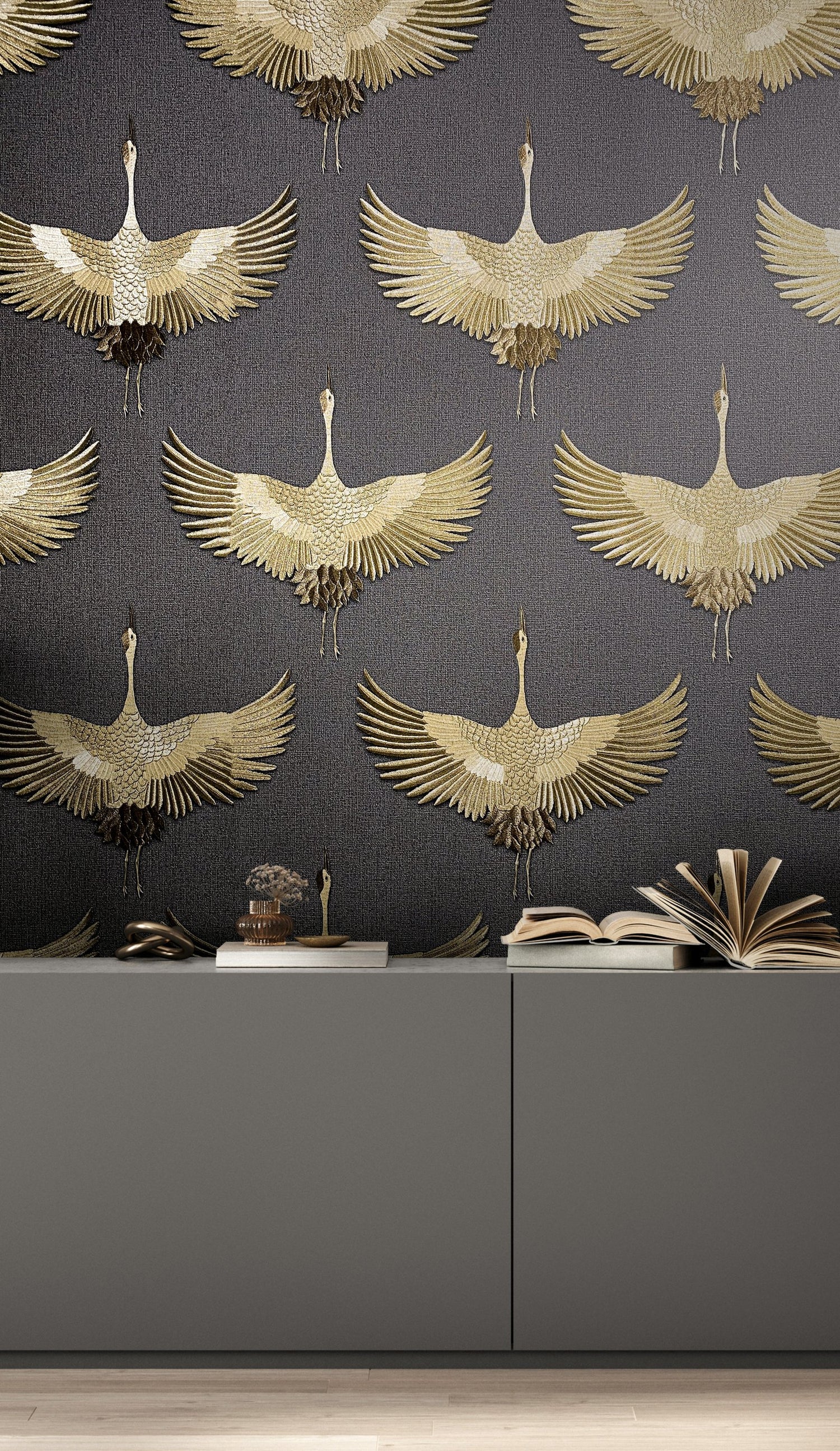 Stork wallpaper in gold color - pattern number 34532 - by Galerie in the Kumano collection