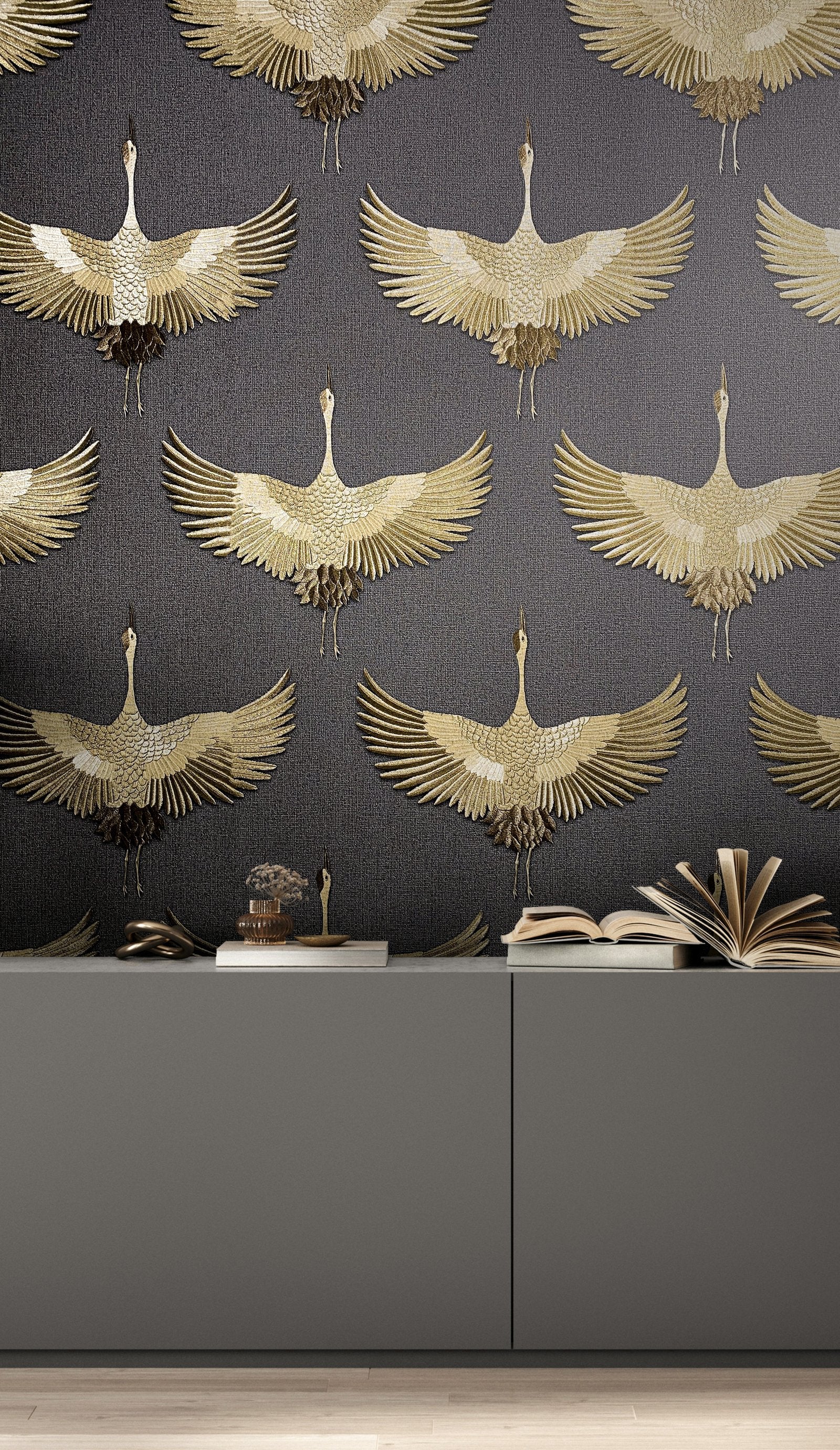 Stork wallpaper in gold color - pattern number 34532 - by Galerie in the Kumano collection