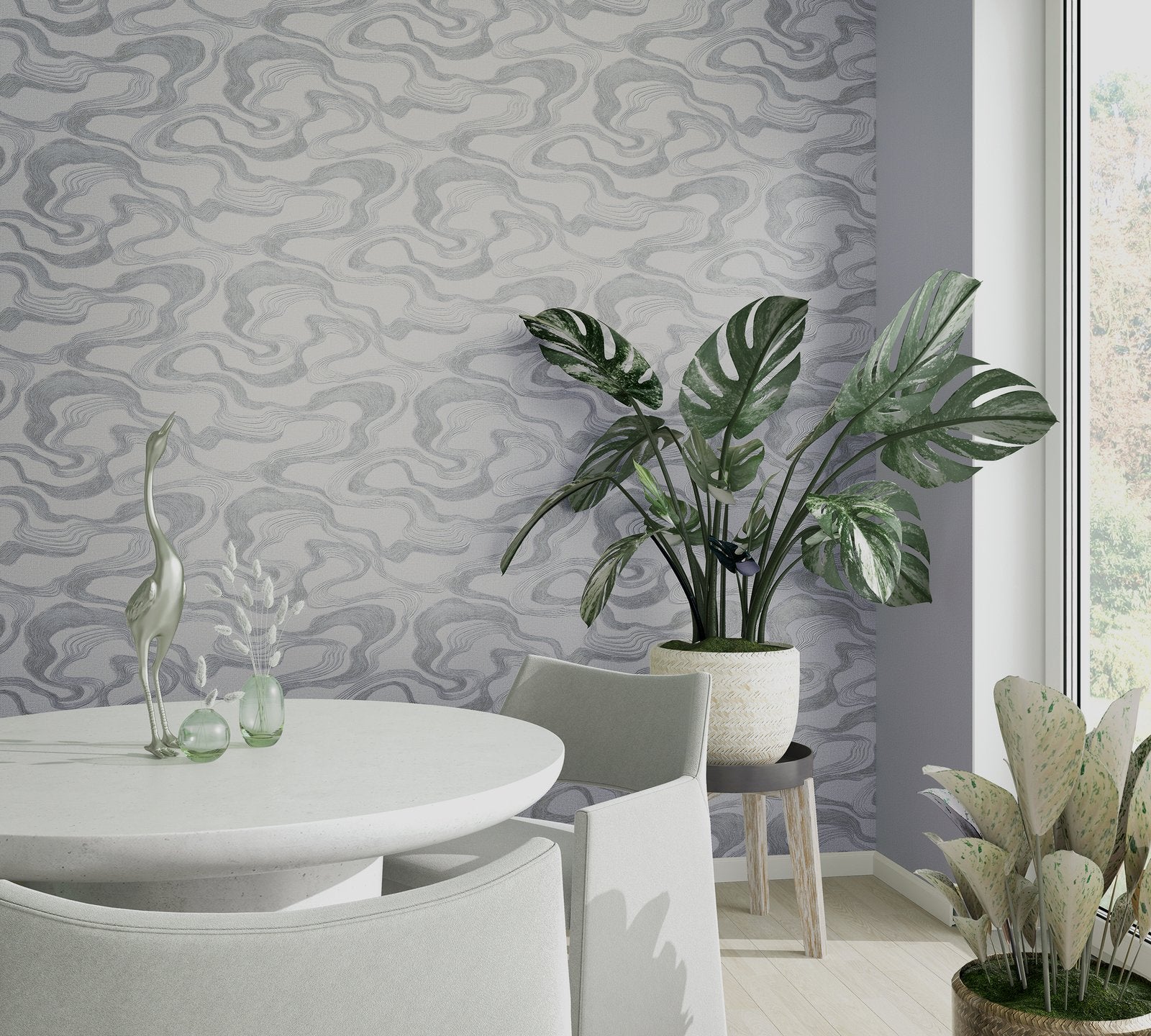 Flow wallpaper in silver grey color - pattern number 34536 - by Galerie in the Kumano collection