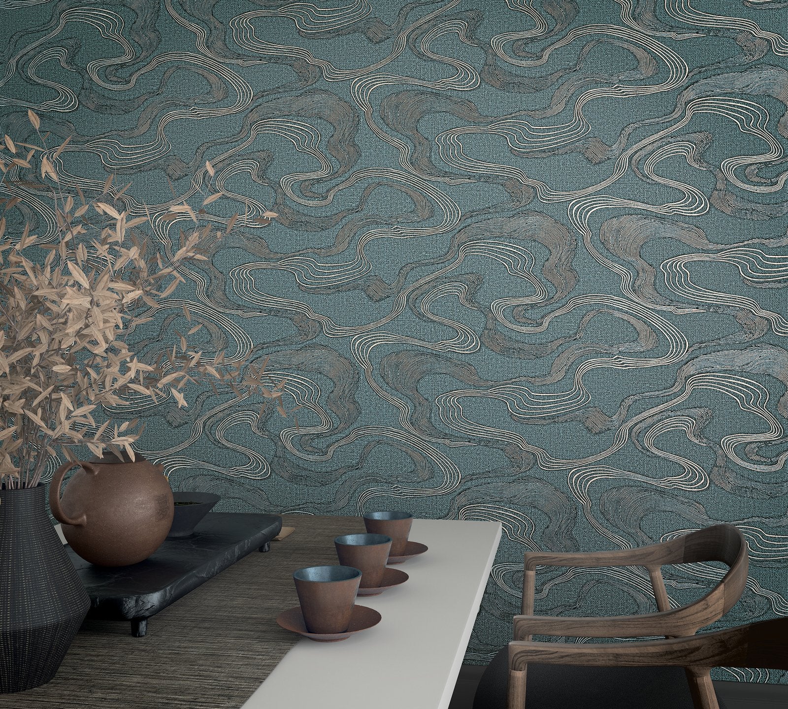 Flow wallpaper in blue color - pattern number 34538 - by Galerie in the Kumano collection