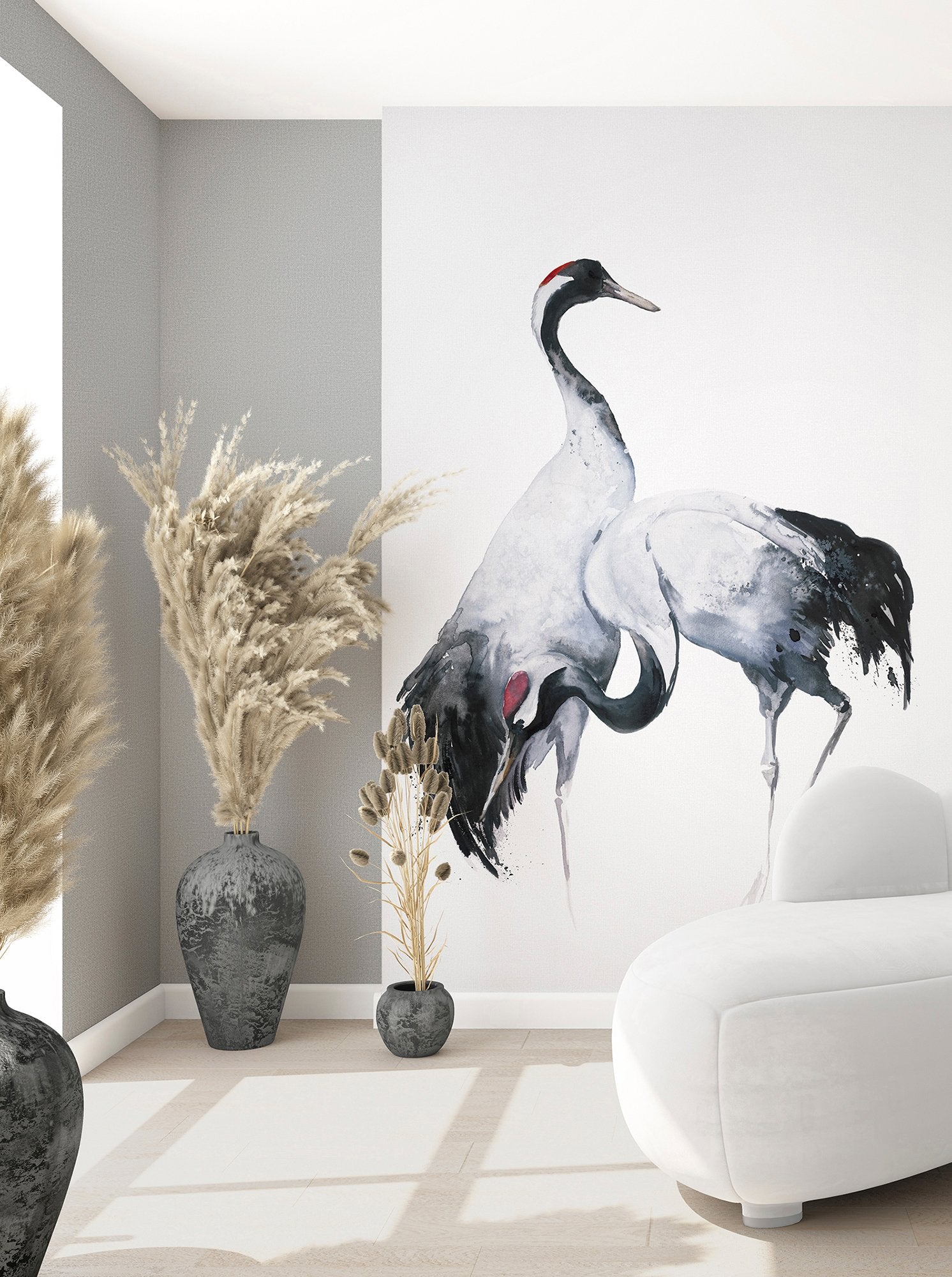 Painted Crane Mural mural in white color - pattern number 34596 - by Galerie in the Kumano collection