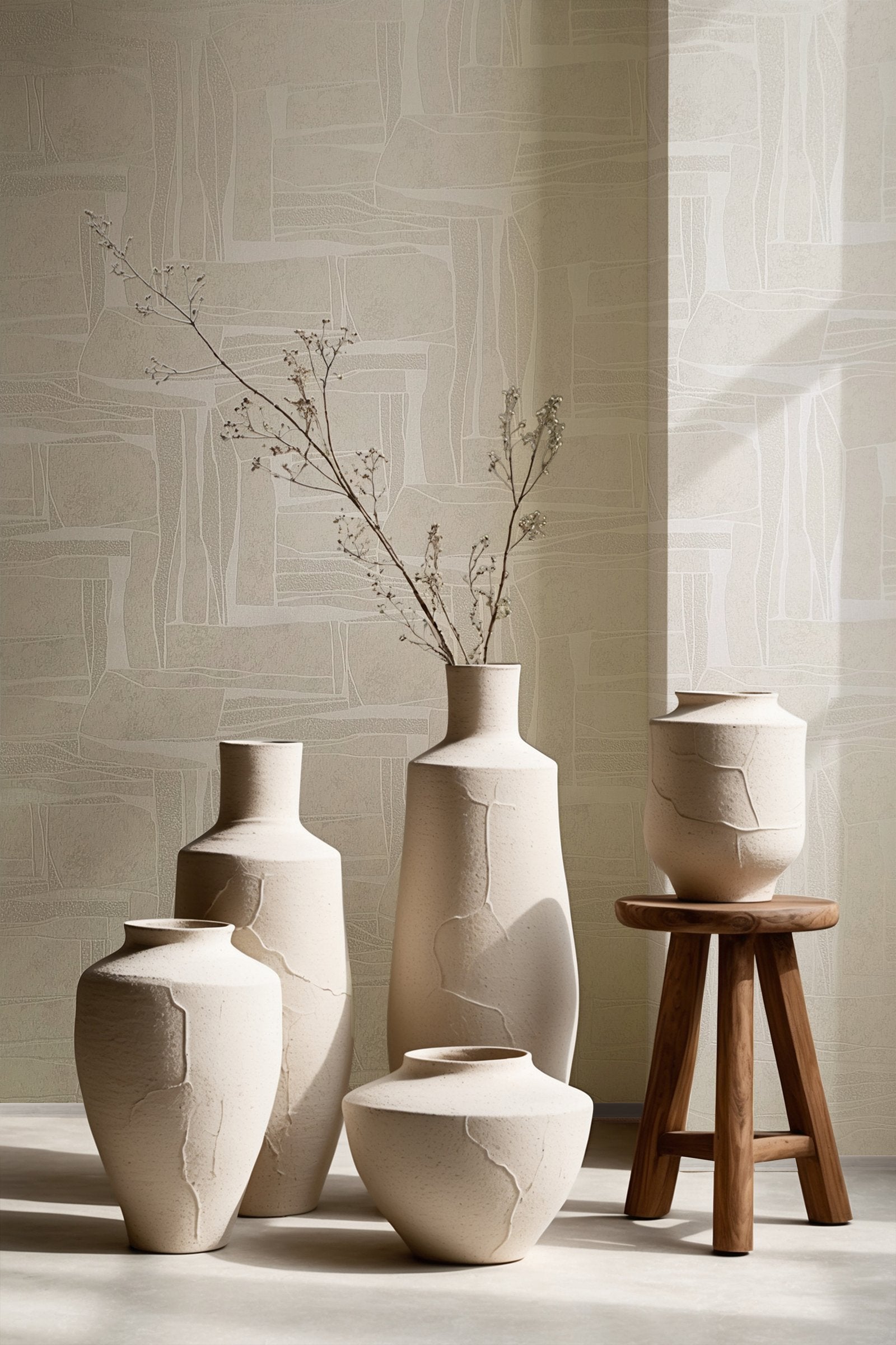Graphic wallpaper in beige color - pattern number TR34647 - by Galerie in the Terra collection