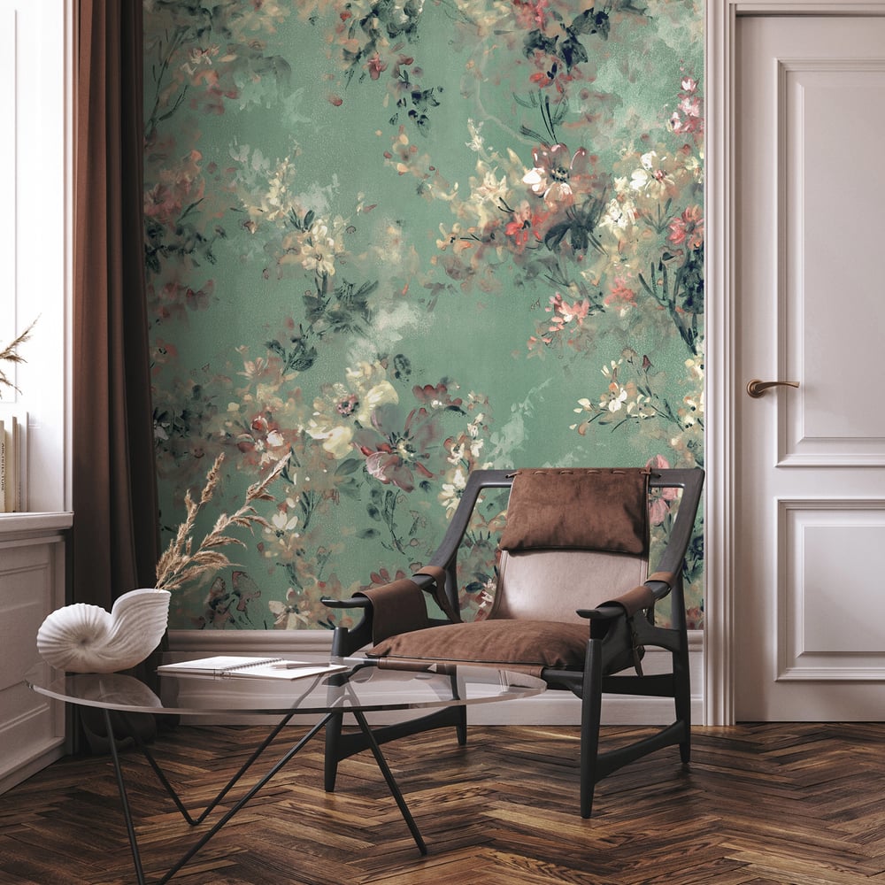 Floral 4 Panel Mural in green color - pattern number 35096 - by Galerie in the City Romance collection