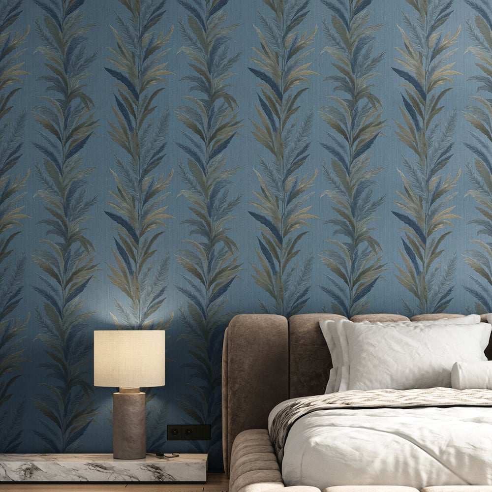 Leaf Flourish wallpaper in blue gold color - pattern number 35906 - by Galerie in the Ornamenta collection