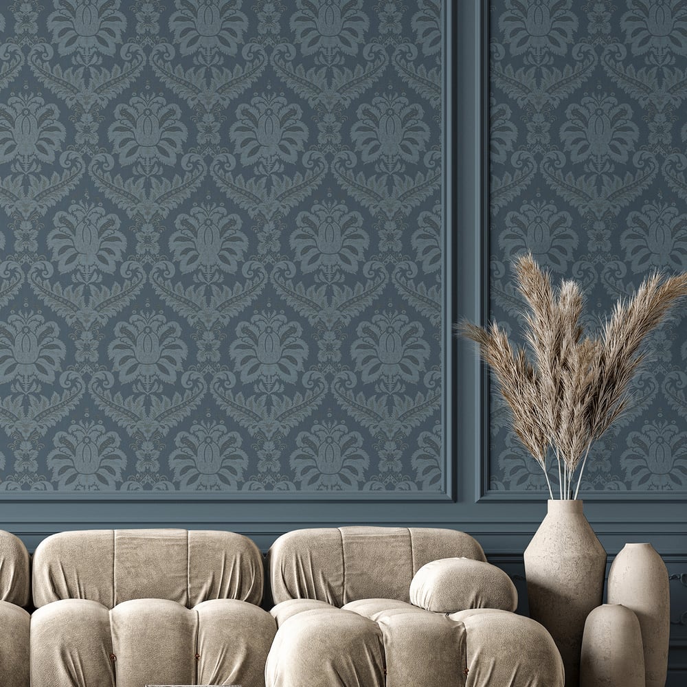 Traditional Damask wallpaper in blue gold color - pattern number 35926 - by Galerie in the Ornamenta collection