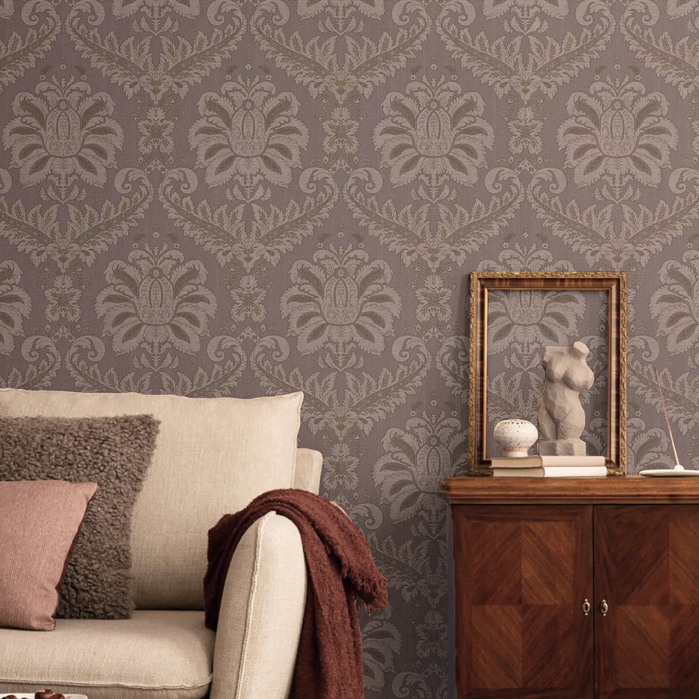 Traditional Damask wallpaper in purple gold color - pattern number 35928 - by Galerie in the Ornamenta collection