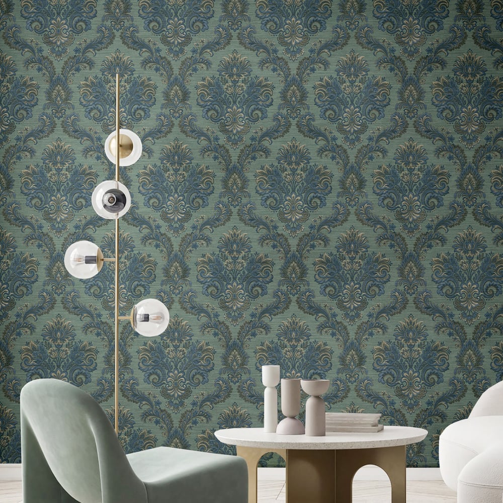 Floral Damask wallpaper in green blue color - pattern number 35945 - by Galerie in the Ornamenta collection