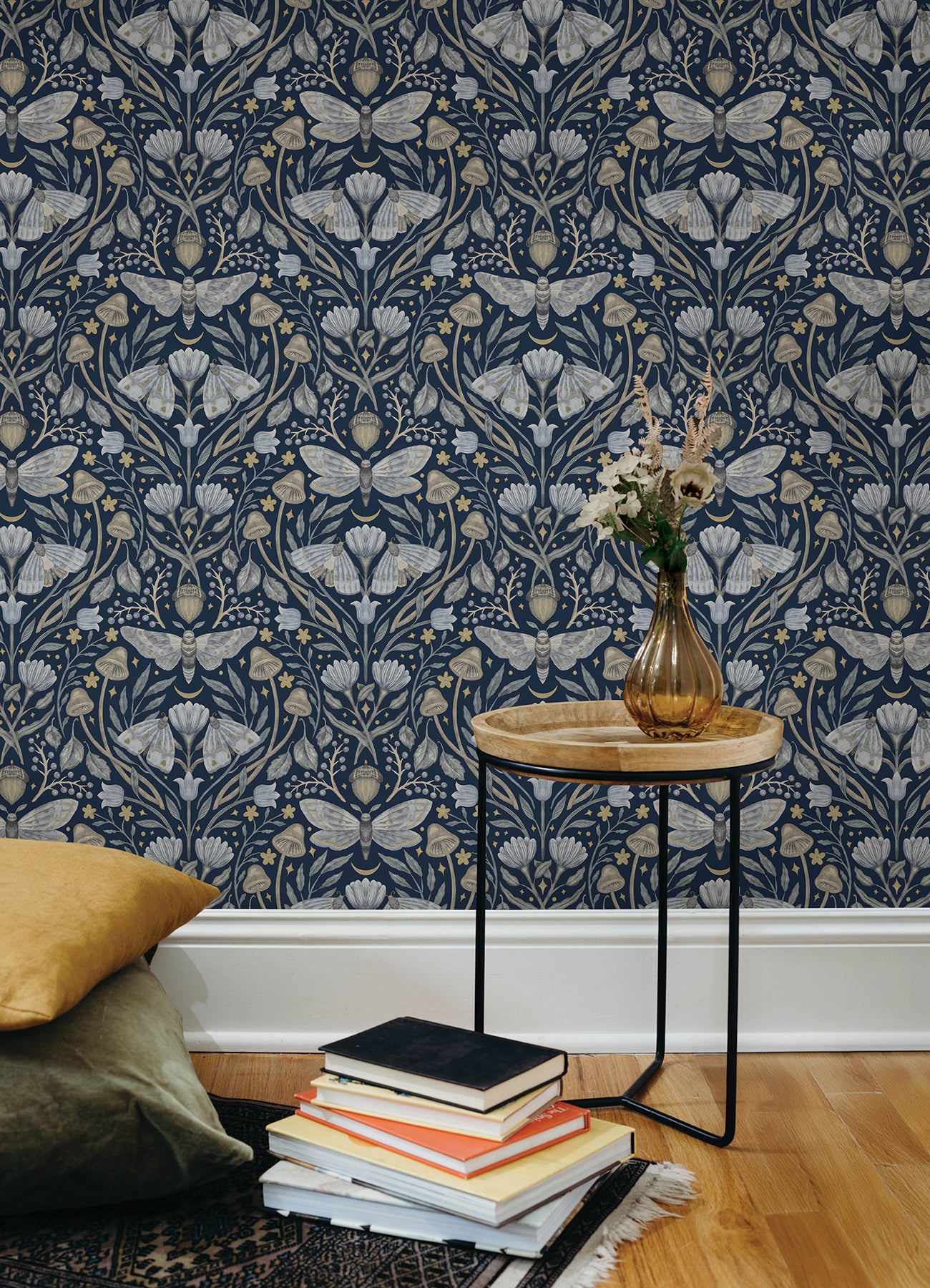 Mystic Moth wallpaper in navy color - pattern number 4169-83118 - by Chesapeake in the Oak and Moss collection