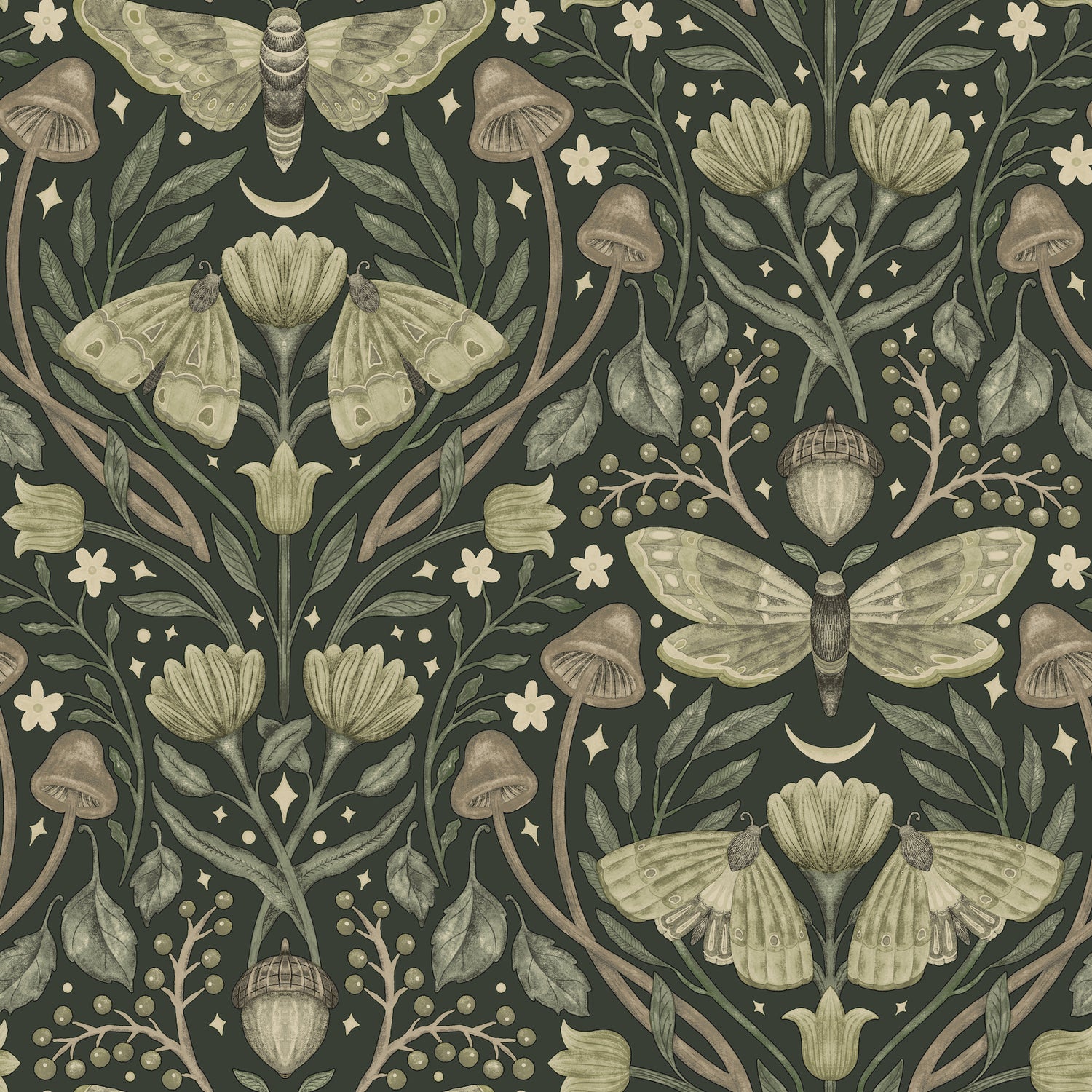 Mystic Moth wallpaper in dark green color - pattern number 4169-83120 - by Chesapeake in the Oak and Moss collection