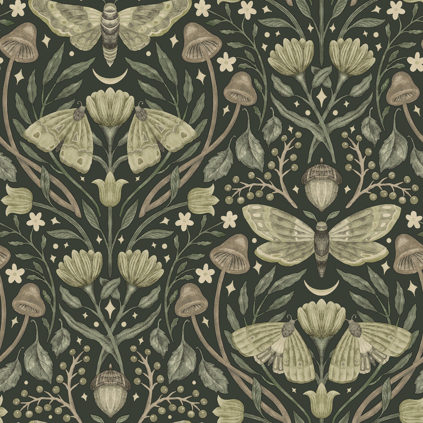 Mystic Moth wallpaper in dark green color - pattern number 4169-83120 - by Chesapeake in the Oak and Moss collection