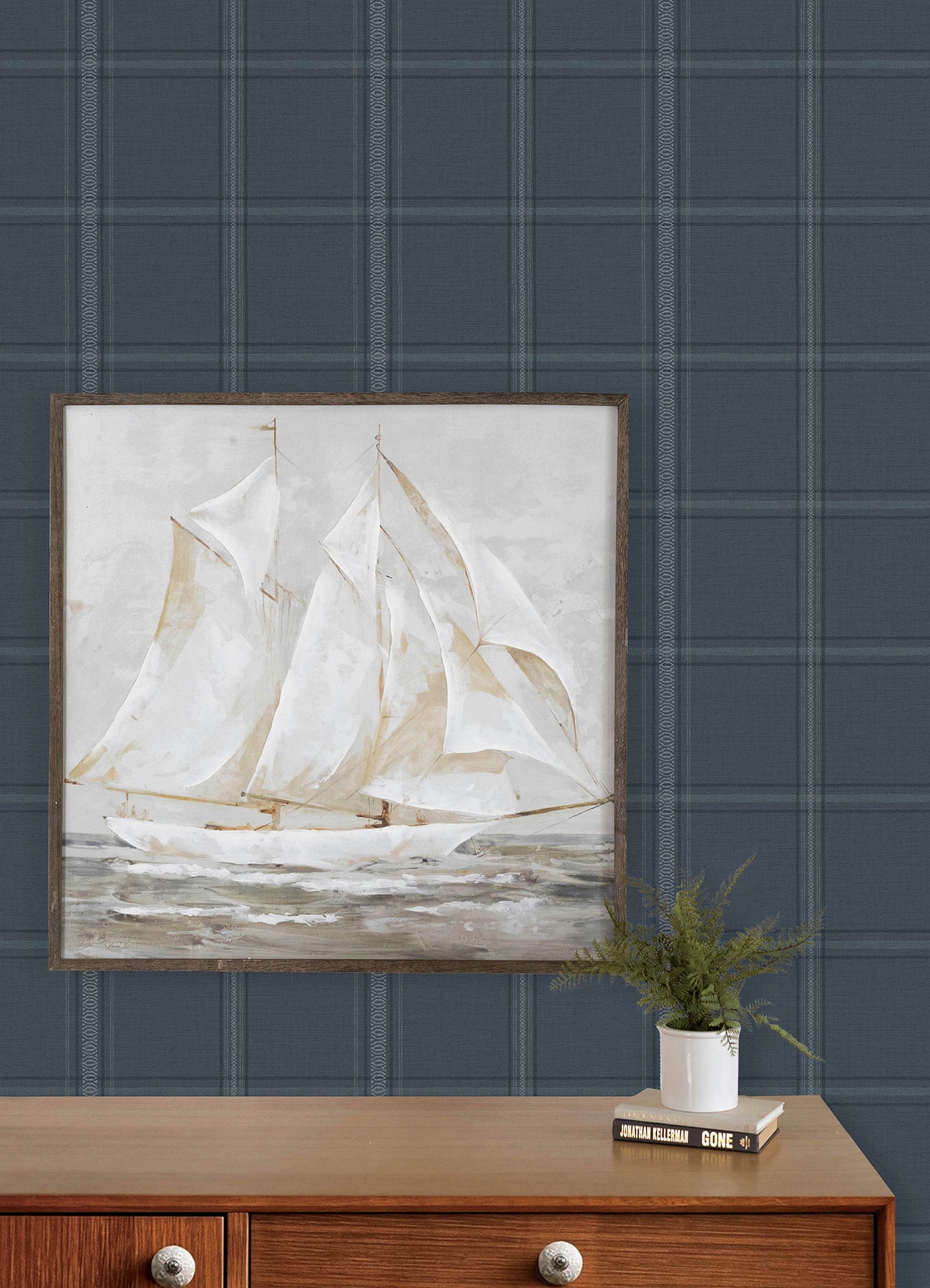 Auberge Wallpaper in dark blue color - pattern number 4192-27605 - by Chesapeake in the Plaid and Stripe Resource Collection collection