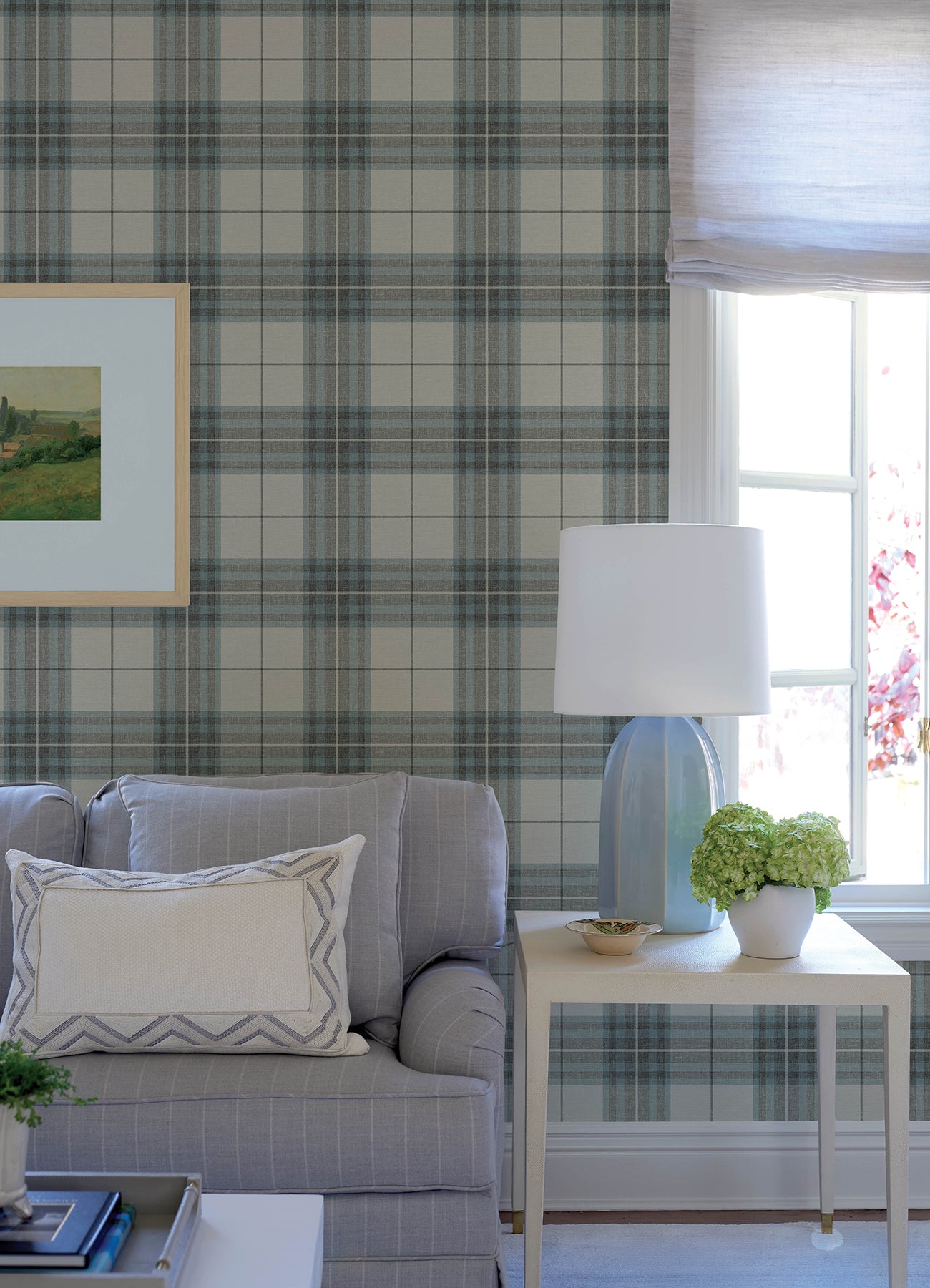 Cabin Check Wallpaper in teal color - pattern number 4192-27695 - by Chesapeake in the Plaid and Stripe Resource Collection collection
