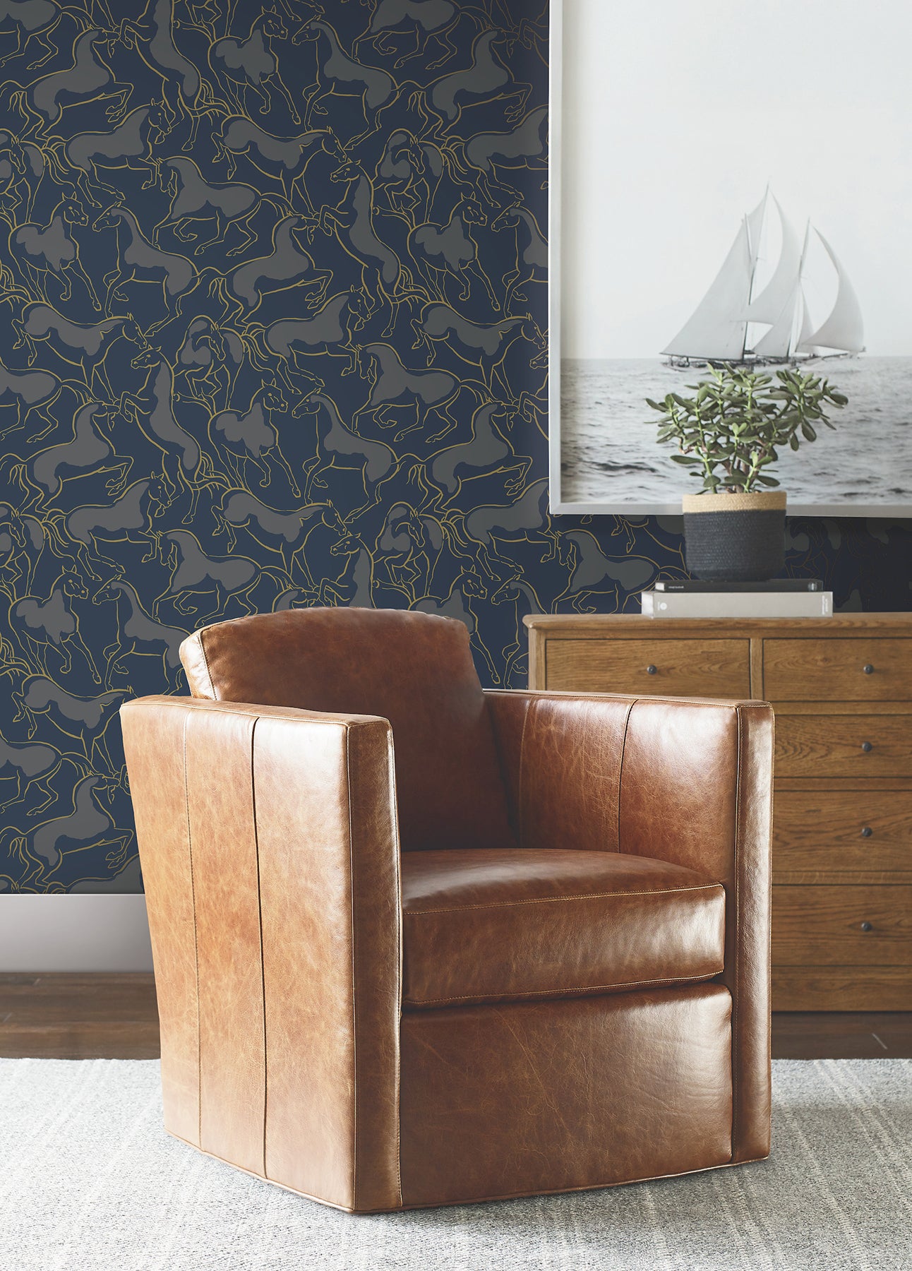 Dressage Wallpaper in navy color - pattern number 4211-83506 - by Ronald Redding in the Private Reserve collection
