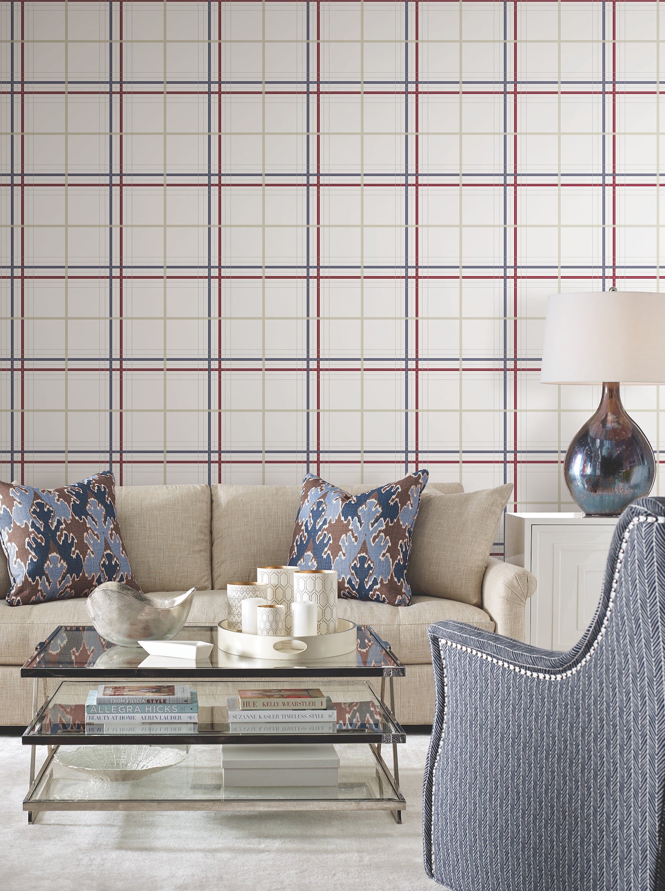 Lakeside Plaid Wallpaper in red color - pattern number 4211-83531 - by Ronald Redding in the Private Reserve collection