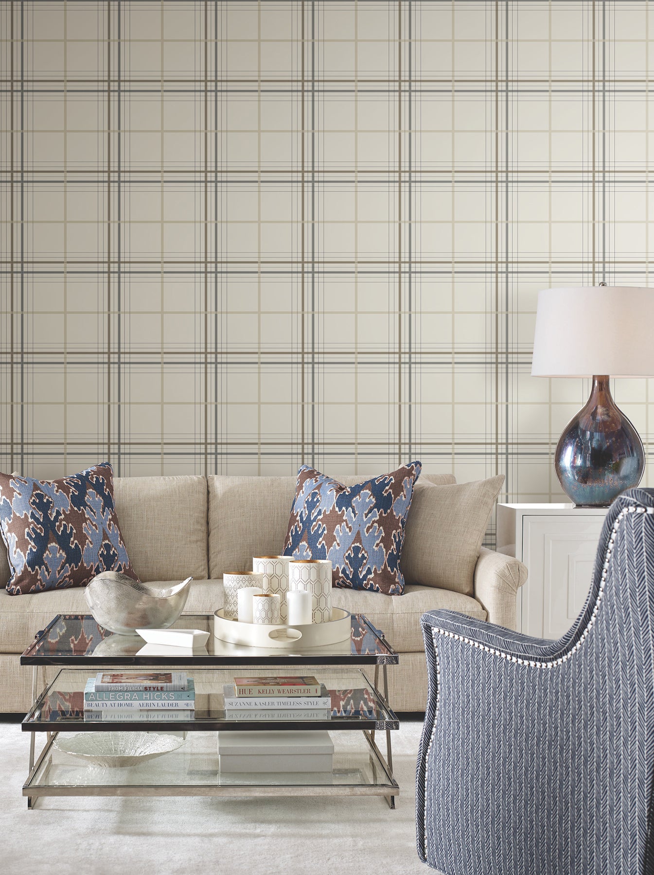 Lakeside Plaid Wallpaper in beige color - pattern number 4211-83532 - by Ronald Redding in the Private Reserve collection
