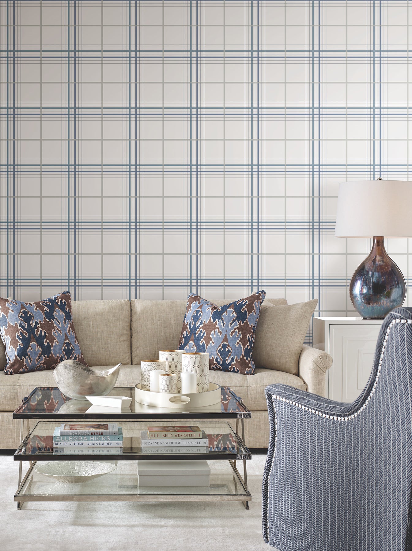 Lakeside Plaid Wallpaper in blue color - pattern number 4211-83534 - by Ronald Redding in the Private Reserve collection