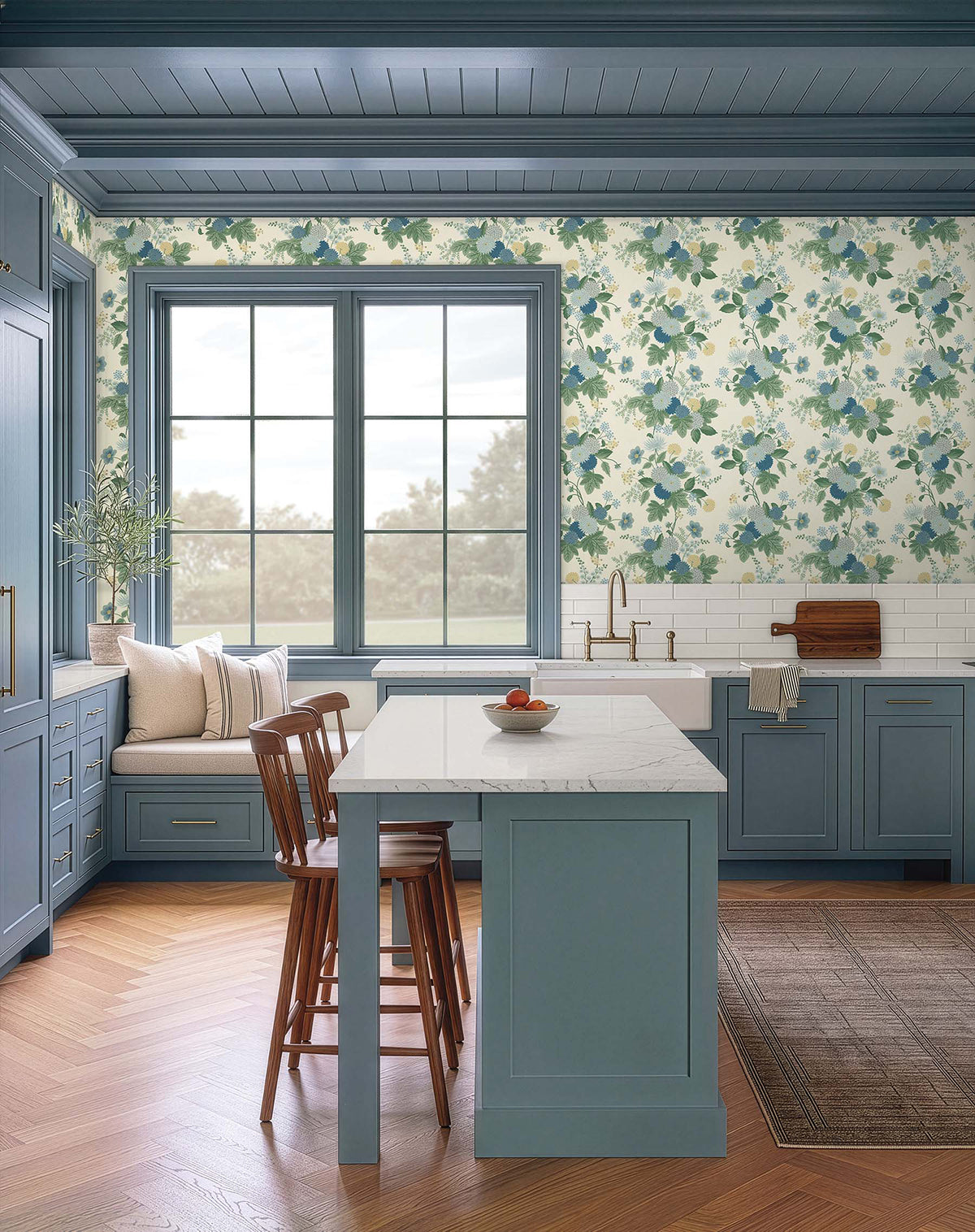 Dahlia Wallpaper in Linen &amp; Blue color - pattern number 4212-84362 - by Rifle Paper Co in the Rifle Paper Co Fourth Edition collection