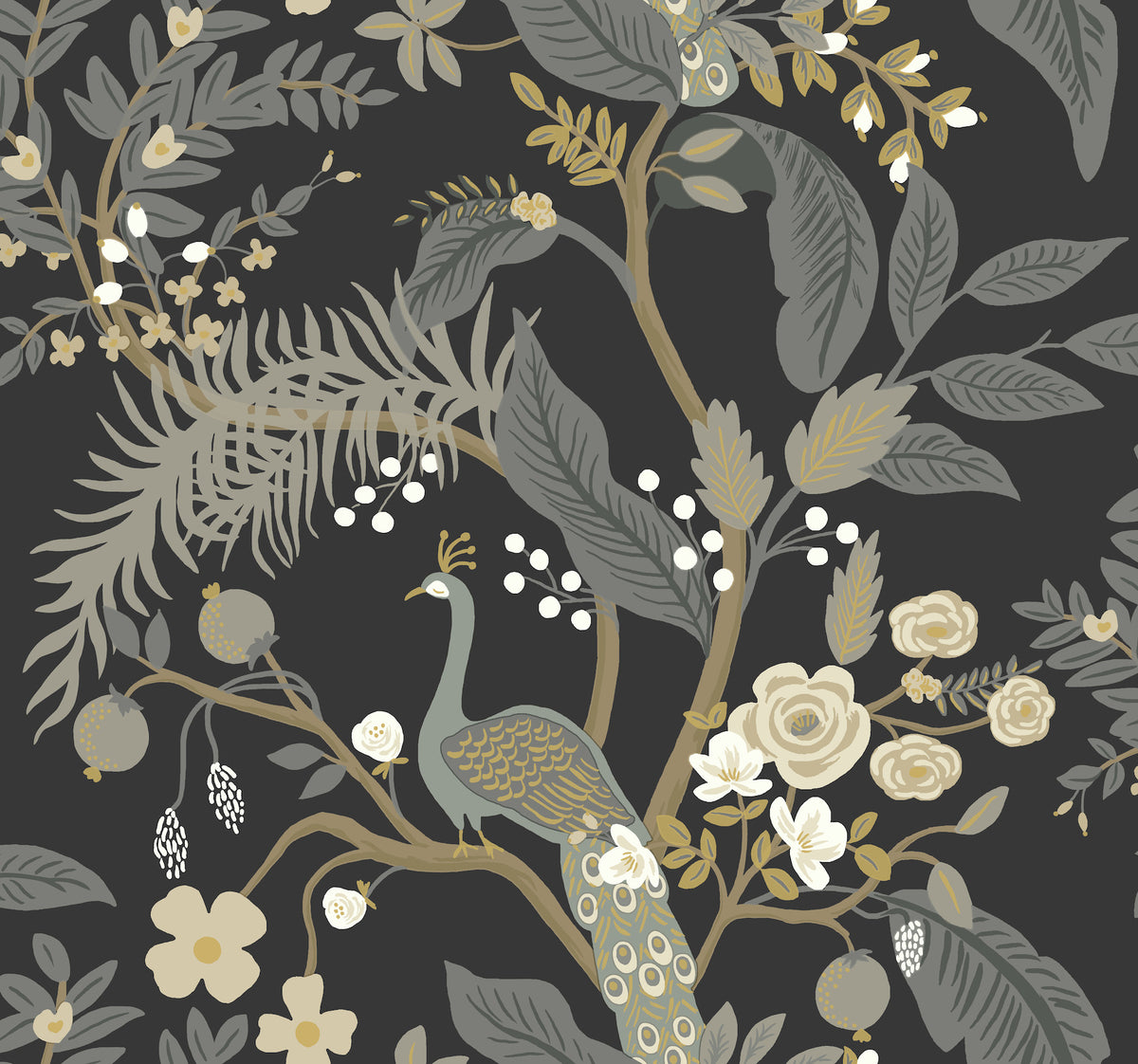 Peacock Wallpaper in Black color - pattern number 4212-84423 - by Rifle Paper Co in the Rifle Paper Co Fourth Edition collection