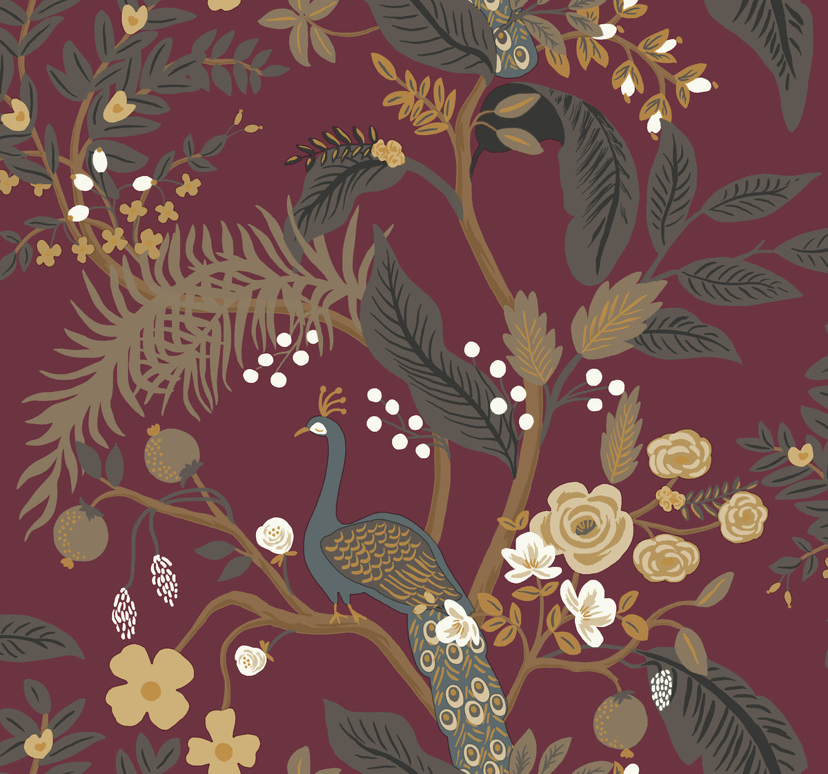 Peacock Wallpaper in Burgundy color - pattern number 4212-84425 - by Rifle Paper Co in the Rifle Paper Co Fourth Edition collection