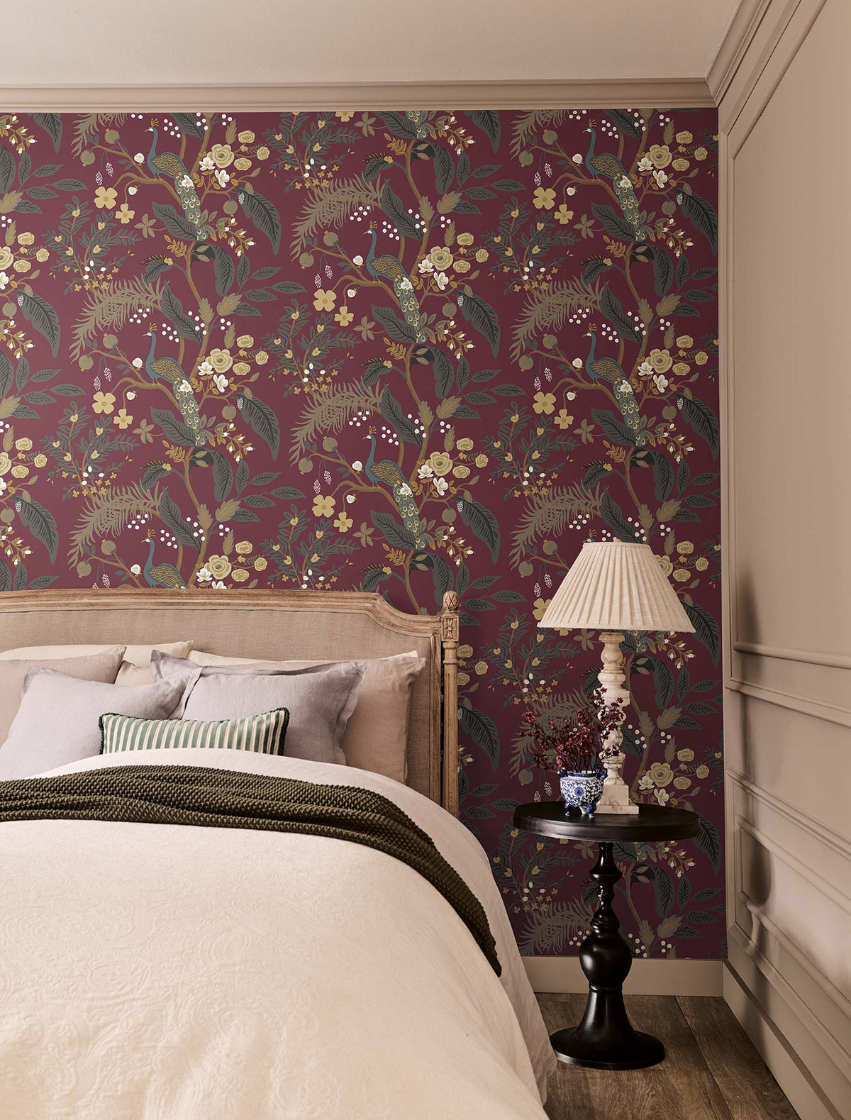 Peacock Wallpaper in Burgundy color - pattern number 4212-84425 - by Rifle Paper Co in the Rifle Paper Co Fourth Edition collection